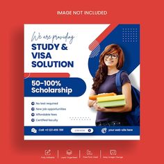 a poster for a student's study and visa solution with the image of a woman holding