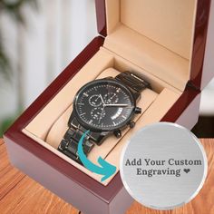 A personalized gift that can withstand constant use, this Customizable Engraved Black Chronograph Watch is the perfect gift for all the special men in your life. A thoughtful groomsmen gift, an anniversary memento, or a long-lasting keepsake for Father’s Day - it's a versatile piece sure to warm hearts and create smiles. Featuring a three-dial face, calendar function, and luxury pointer in a water-resistant and scratch-proof vessel. Personalize the watch back with an engraved name or message: 2 Luxury Boxes, Chronograph Watch, Luxury Watch, Groomsman Gifts, Quartz Movement, Custom Engraving, Chronograph, Water Resistant, Perfect Gift