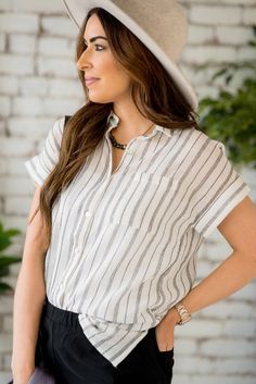 Triple Striped Button Up Blouse – Betsey's Boutique Shop Button Up Women, Modest Summer Fashion, Basic Long Sleeve Tee, Stripe Blouse, Basic Cardigan, Blue Pumpkins, Modest Summer, Forest Girl, Blouse Sale