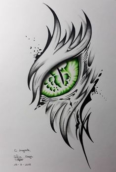 a drawing of an eye with green eyes