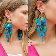 blue statement earrings Cheap Colorful Earrings For The Beach, Turquoise Tassel Earrings With Colorful Beads For Festival, Summer Beach Turquoise Tassel Earrings, Turquoise Tassel Earrings For Beach, Summer Turquoise Tassel Drop Earrings, Turquoise Bohemian Tassel Earrings, Blue Tassel, Bold Earrings, Turquoise Blue