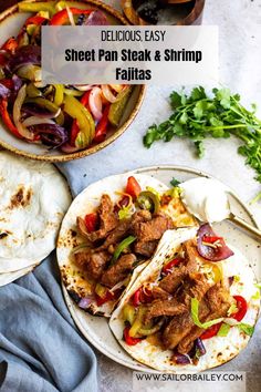 two plates filled with meat and vegetables next to tortillas on top of a table