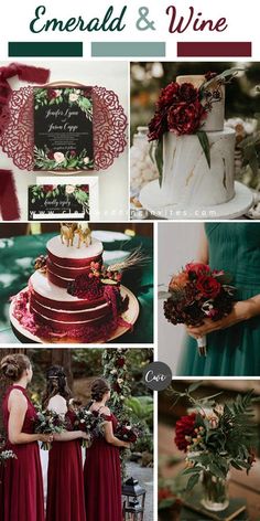 red and green wedding color palettes with flowers, greenery, and wine bottles