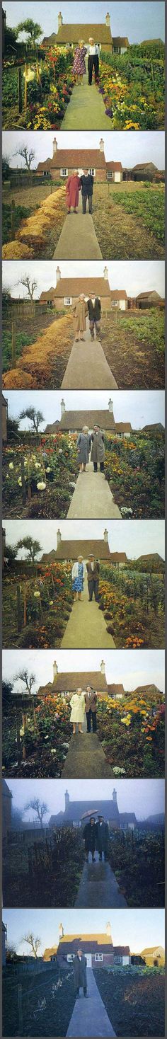 four different shots of people walking down a path in the middle of some grass and flowers