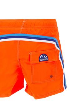 Sundek 'Boardshort' men's swimsuit, fluo orange, contrasting color profiles, low elastic waist with night-white drawstring and logoed ends, two side welt pockets, one back pocket with velcro and applied logo patch, regular fit. Composition: 100% Poliammide Sporty Swimwear With Pockets For Beach Season, Beachwear Shorts With Side Pockets For Swimming, Nylon Beachwear Swimwear With Pockets, Beachwear Swimwear With Side Pockets, Functional Sports Swimwear With Pockets, Sporty Swimming Shorts With Side Pockets, Casual Orange Swimwear For Surfing, Sporty Swim Trunks With Pockets For Pool, Sporty Swim Trunks With Pockets For Water Sports