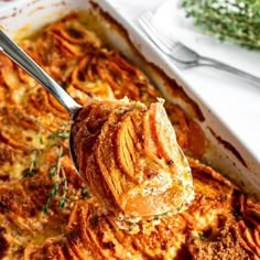 a spoonful of baked potato casserole being lifted from the casserole dish