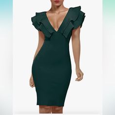 Brand New Without Tags! Brand Is Uonbox On Amazon Sleeveless Green Bodycon Dress With Ruffles, Green Sleeveless Ruffled Bodycon Dress, Chic Green V-neck Bodycon Dress, Green Ruffled Bodycon Dress, Fitted Green V-neck Chic Dress, Chic Fitted Green V-neck Dress, V-neck Ruffled Bodycon Dress For Cocktail, Cocktail Bodycon Dress With Ruffles And V-neck, Cocktail V-neck Bodycon Dress With Ruffles