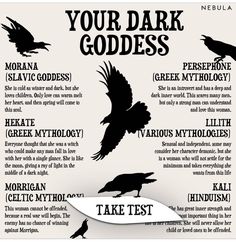 a poster with some words on it and two birds flying over the text that says, your dark goddess