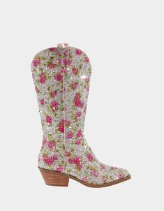 DALAS FLORAL RHINESTONE Boots | Western Boots – Betsey Johnson White Summer Rodeo Boots, White Summer Boots For Rodeo, White Boots For Summer Rodeo, White Rhinestone Boots For Fall, Western Boots With Rhinestones For Spring, Trendy Summer Boots For Rodeo, Summer Boots With Rhinestones And Round Toe, Western Boots For Summer Country Events, Country Style Boots For Spring Country Events