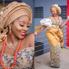 an african woman in a gold and white dress