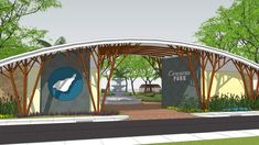 an artist's rendering of the entrance to a park with trees and bushes around it