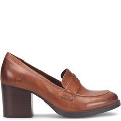 Holliston | Born Shoes Block Heel Oxfords For Office, Slip-on Leather Heels For Business Casual, Spring Business Casual Loafers With Block Heel, Chic Platform Loafers With Padded Heel, Classic Calf Leather Loafers With Low Heel, Modern Workwear Loafers With Reinforced Heel, Modern Loafers With Reinforced Heel For Work, Padded Heel Almond Toe Loafers, Chic Platform Loafers With Stacked Heel