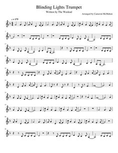 sheet music with the words blinding lights trumpet