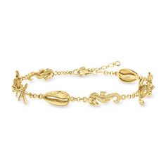 Ross-Simons - 18kt Gold Over Sterling Sea Life Anklet. 9". Here's the perfect beachy accessory. Crafted of textured and polished 18kt yellow gold over sterling silver, this anklet boasts shells, starfish, sea turtles and seahorses. Ideal for all of your summer soirees! Features a 1" extender. Lobster clasp, 18kt gold over sterling sea life anklet. Silver Sea, Summer Soiree, Seahorses, Sea Turtles, All That Glitters, Anklet Jewelry, Sea Life, Turtles, Starfish