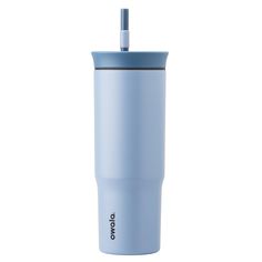 a blue tumbler cup with a straw sticking out of it's top and lid