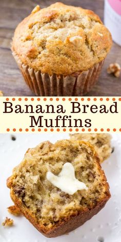 banana bread muffins with butter on top and the words, banana bread muffins