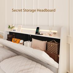 there is a bed with white sheets and pillows in the room that says secret storage headboard