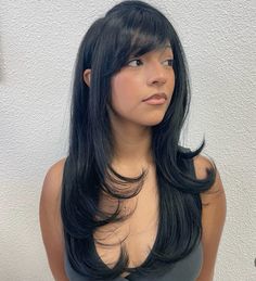 Goth Bangs Long Hair, Bangs Sew In, Black Hair With Bangs And Layers, Side Bangs And Layers, Layers Side Bangs, Side Bangs With Layers, Goth Hair Color, Side Bangstyle Hair Long, Japan Haircut