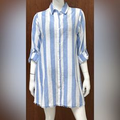 Cotton Slub White/Blue Blue Cotton Shirt Dress For Summer, Striped Cotton Beach Shirt Dress, Striped Cotton Shirt Dress For Beach, Blue Cotton Shirt Dress For Vacation, Blue V-neck Shirt Dress For Vacation, Blue Cotton Patchwork Dress, Blue Mini-length Shirt Dress For The Beach, Blue A-line Shirt Dress For Daywear, Casual Multicolor V-neck Shirt Dress