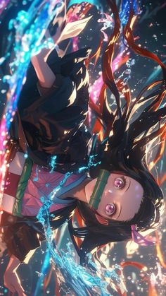 an anime character floating in the air surrounded by streamers