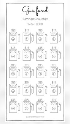 the printable gas fund savings challenge is shown in black and white with numbers on it