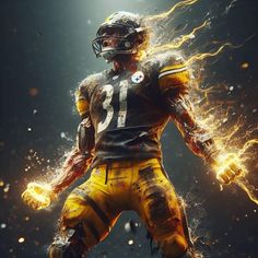 a football player is shown in the middle of an image with fire coming out of his hands