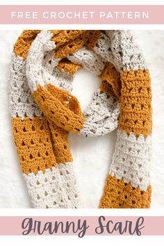 an orange and white crocheted scarf with text that reads granny scarf free crochet pattern