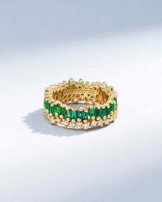 Suzanne Kalan Short Stack Emerald Eternity Band in 18k yellow gold Elegant Green Diamond Eternity Band, Luxury Green Half Eternity Ring, Luxury Eternity Band With Baguette Cut Gemstone, Luxury Gemstone Baguette Cut Eternity Band, Luxury Baguette Cut Gemstone Eternity Band, Half Eternity Baguette Cut Emerald Jewelry, Baguette Cut Emerald Half Eternity Jewelry, Fine Jewelry Emerald Eternity Band In Yellow Gold, Luxury Yellow Gold Half Eternity Emerald Ring