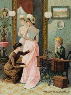 an old fashion illustration shows two women and a young boy sewing in front of a mirror