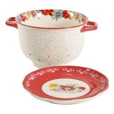 two red and white dishes with floral designs on the rims, one has a polka dot