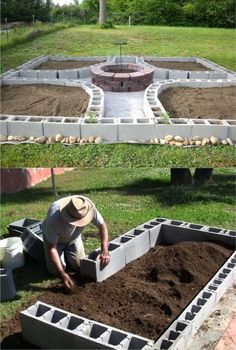 a man is digging dirt into a garden