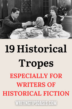 Image of vintage couple have tea at a table and title of pin which is 19 historical tropes: especially for writers of historical fiction.