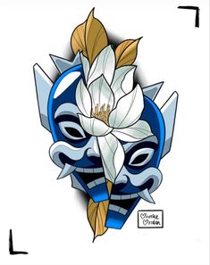 a drawing of a mask with a flower on it's forehead and two leaves in the middle