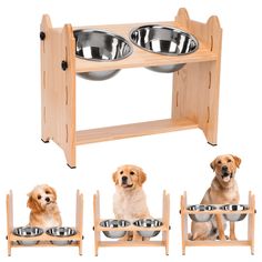 three dogs sitting in front of two elevated wooden dog feeders with their bowls on them