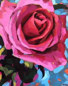 a painting of a pink rose on a blue background