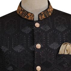 Description Black is beautiful, so get customize this Uomo Attire's elegant embroidered fabric black prince coat with contrast golden buttons and embellishment for perfect look on your big day.- It's custom-made, so it's guaranteed to fit you perfectly.- Made from high quality micro embroidered fabric Luxury Embroidered Festive Traditional Wear, Black Nehru Jacket For Ceremonial Festive Occasions, Traditional Black Tuxedo For Groom, Traditional Black Groom Tuxedo, Elegant Black Nehru Jacket For Groom, Elegant Black Traditional Wear For Ceremonial Occasions, Elegant Black Set With Stand Collar, Elegant Black Traditional Wear With Gold Embroidery, Luxury Black Bandhgala With Resham Embroidery