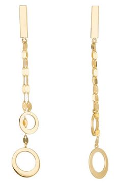 Bold rectangular studs anchor the swaying double chains and smooth open-circle drops that make up these geometrically appealing earrings. 2" drop; 3/8" width Clear rubber backs included for stability 14k gold Imported Modern Long Drop Earrings With Adjustable Chain, Modern Jewelry With Box Chain Drop Earrings, Modern Long Drop Box Chain Jewelry, Modern Dangle Jewelry For Evening, Formal Drop Earrings With Box Chain, Elegant Round Chain Earrings, Yellow Gold Dangle Earrings With Chain, Modern Yellow Gold Earrings With Chain Detail, Modern Yellow Gold Chain Earrings