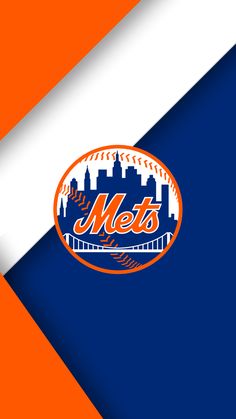 the new york mets logo on an orange and blue background