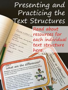 an open book with text and pictures on the cover, next to a notebook that says reading and practicing the text structures