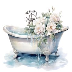 a painting of flowers in a bathtub with water running down the side and dripping from the faucet