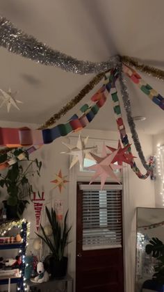 the ceiling is decorated with stars and streamers