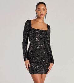 Special Occasion   No one will forget the way you sparkle in the Janine sequin mini dress at homecoming, banquets, or birthdays! Made from a mesh fabric adorned with a sequin embellished pattern, this party dress is ready to shine. This fitted dress features a square neckline and a lace-up back for a sophisticated touch. The bodycon fit and mini-length hem accentuate your curves, making you the star of any event. Complete the look with earrings and heels.   Fit & Features    Sequin pattern, mesh fabric lined with stretchy knit  Fitted lined long sleeves  Square neckline  Lace-up back, zipper and hook-eye closure  Bodycon fit  Runs true to size Orange Homecoming Dresses, Purple Homecoming Dress, Backless Dress Short, Green Homecoming Dresses, Sequin Pattern, Velvet Prom Dress, Lace Dress Styles, White Homecoming Dresses, Homecoming Outfits