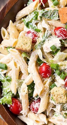 pasta salad with croutons and cherry tomatoes