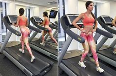 two pictures of a woman running on a treadmill and another showing her toned body