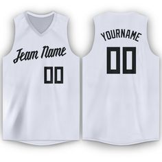 a white basketball jersey that says team name and number on the front with black lettering