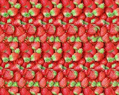 a large group of strawberries with green leaves on the top and bottom, all in red