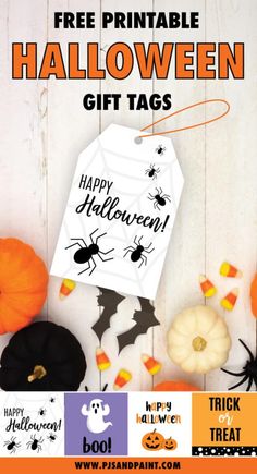 the free printable halloween gift tags are on display with pumpkins and jack - o'- lanterns