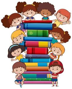 children standing around a stack of books