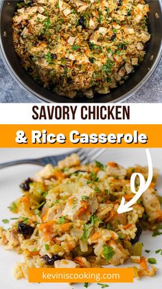 two pictures showing how to make savory chicken and rice casserole recipe