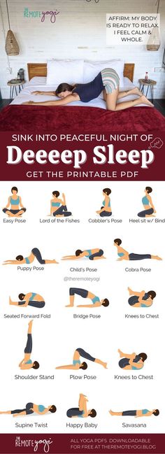 a woman doing yoga poses on her bed with the words, sleep sleep get the printable